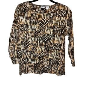 Chico's geometric black/brown 3/4 sleeve round neck tshirt blouse Size 3 XL/16